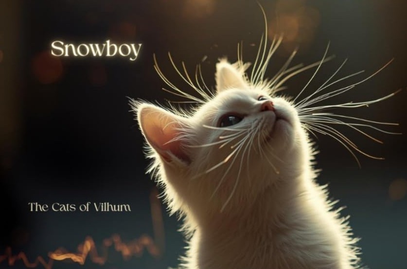 The cover of Snowboy: The Cats of Vilhum, a white kitten looking up into the light